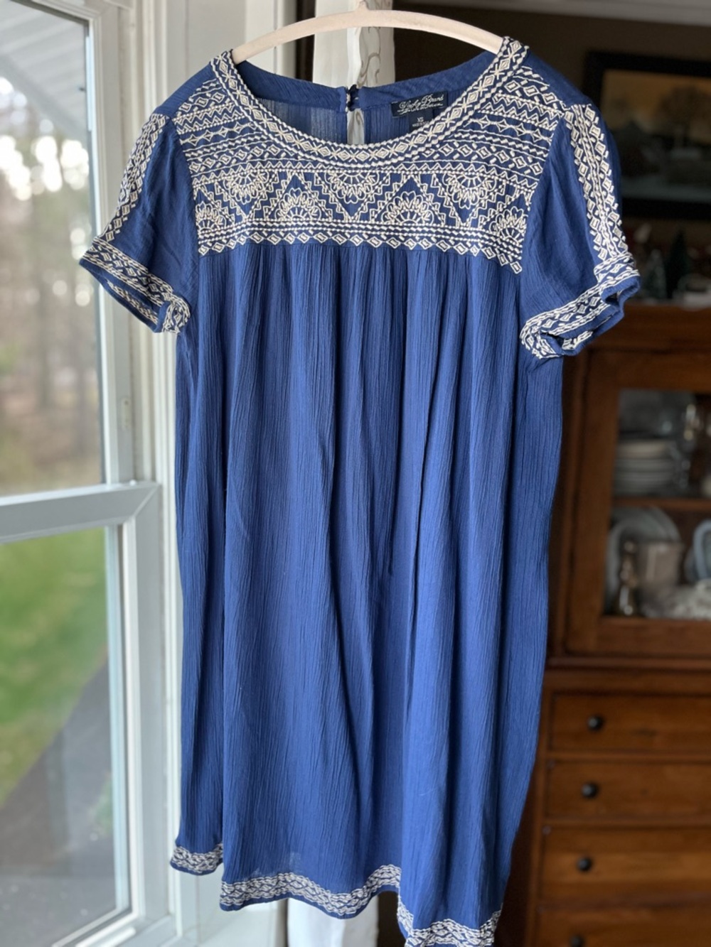Lucky Brand Embroidered Blue Short Sleeve Dress XS Boho Vacation Lightweight EUC
